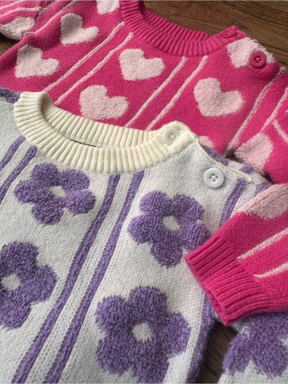 Andy & Evan Bright Pink and Lavender Heart Knit Sweaters